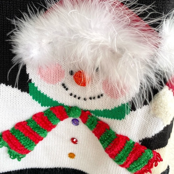 The Quacker Factory Snowman Christmas Sweater Beading & Feather Embellishments - Picture 6 of 7